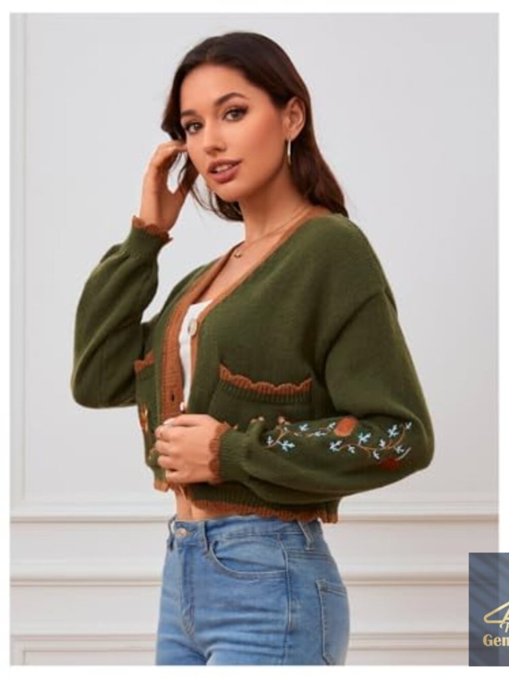 Floral Embroidered Cropped Cardigan Loose Fit V-Neck Button Up - Picture 3 of 7